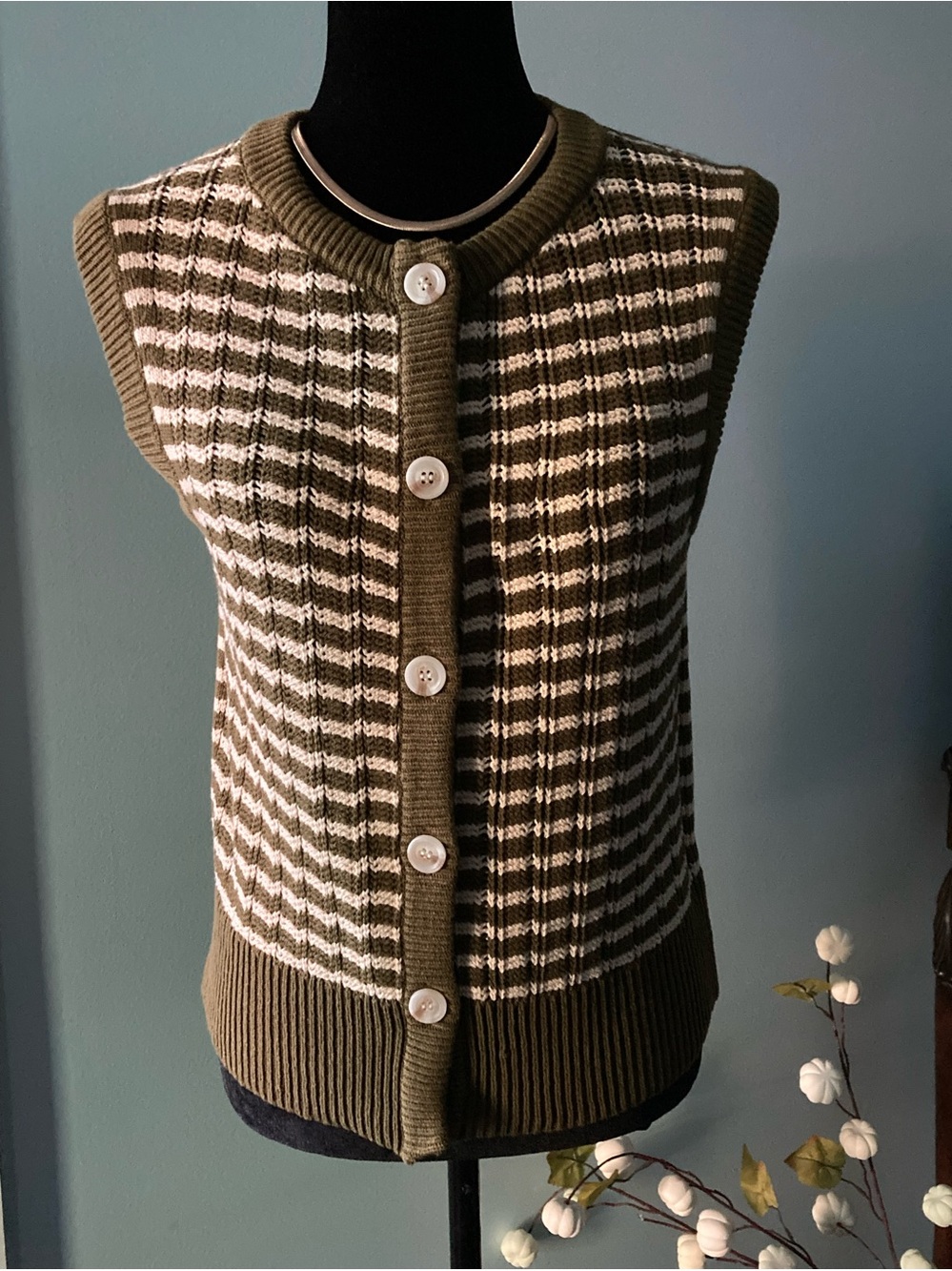 NWT Magaschoni Cotton Olive & Cream Striped Knit Button-Front Sweater Vest